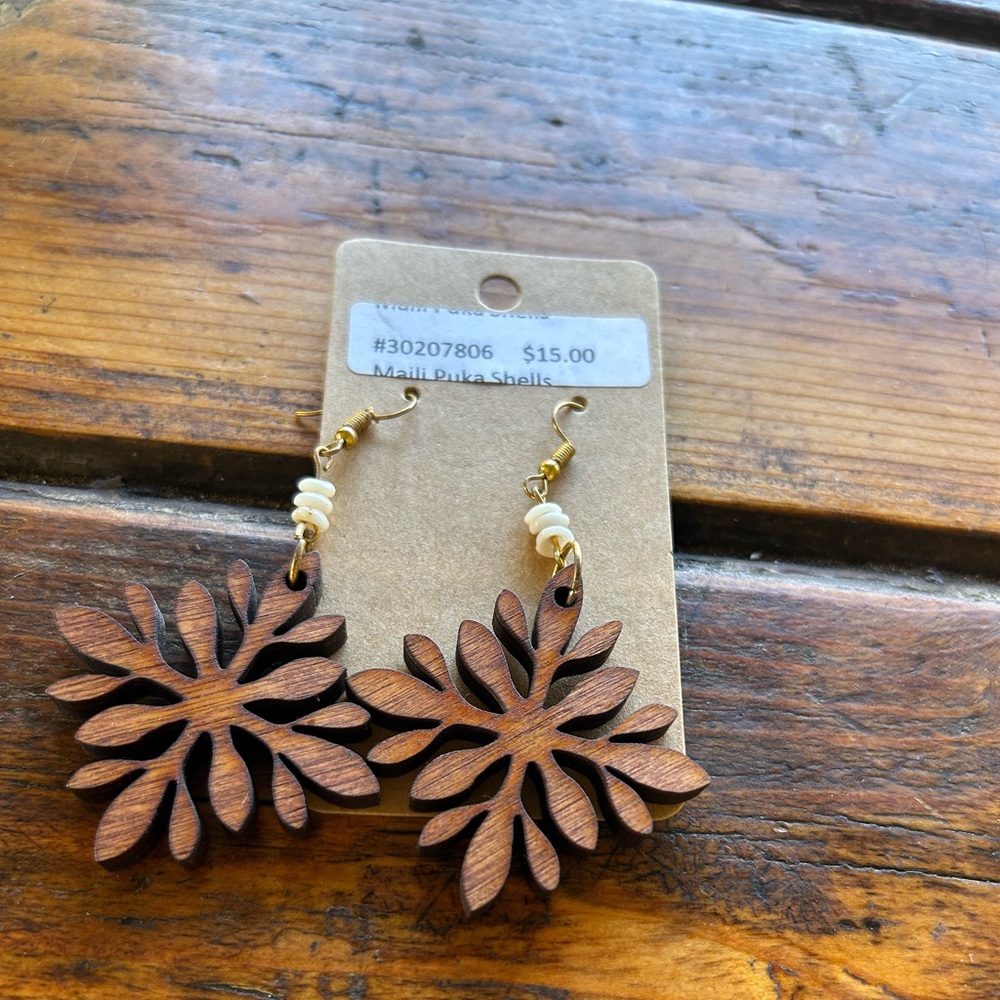Wooden Floral Earrings with Gold Accents